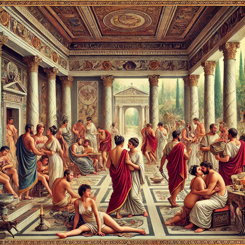 DALL·E 2025-01-19 07.23.49 - A historical illustration of Ancient Roman culture, depicting men and women in traditional Roman attire, engaging in social and intimate interactions 